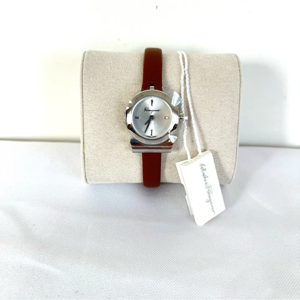 SALVATORE FERRAGAMO Women's Swiss Gancini Brown Leather Strap Wrist Watch NWT